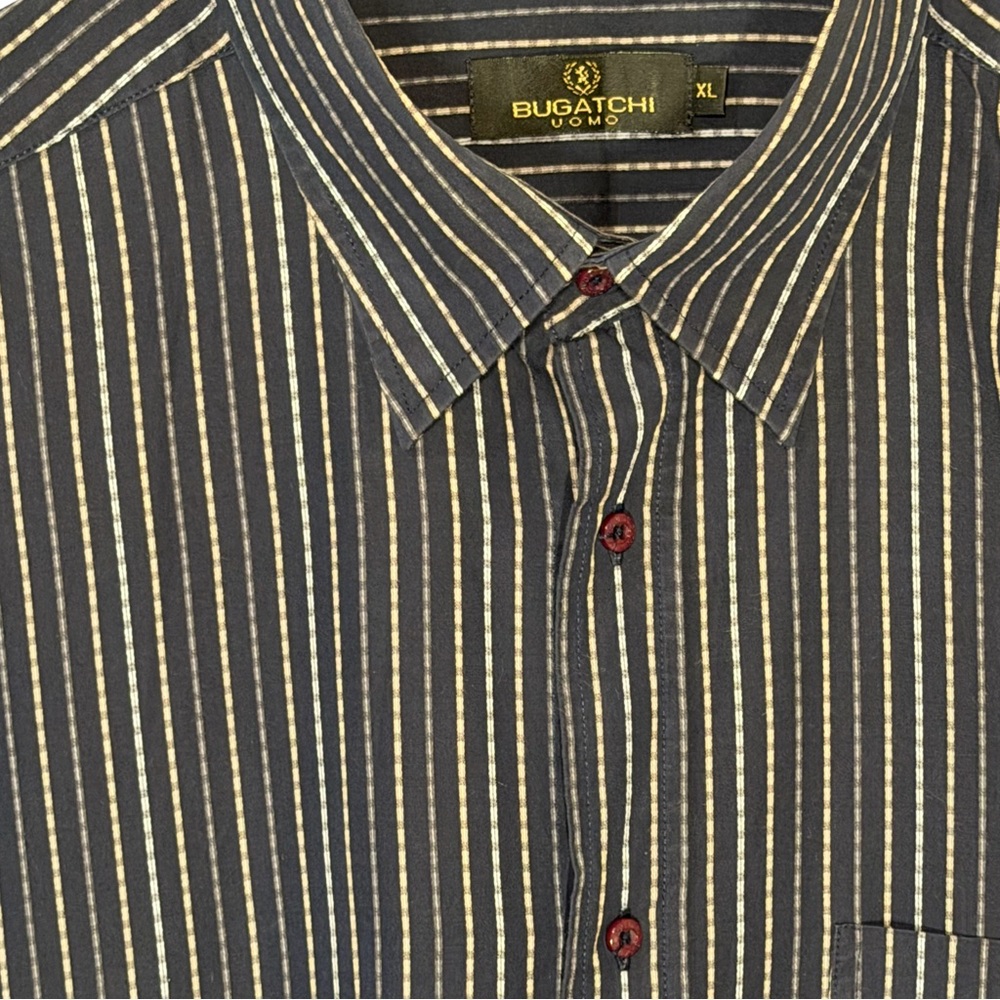 Bugatchi Uomo Men's Blue Cotton Striped Long Sleeve Shirt French Cuffs - Picture 4 of 8